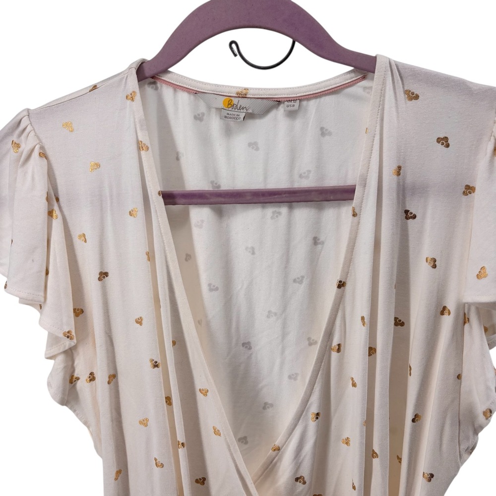 Boden Cream Gold Heart Print Flutter Sleeve Wrap Top Women's US 8 - Picture 2 of 8